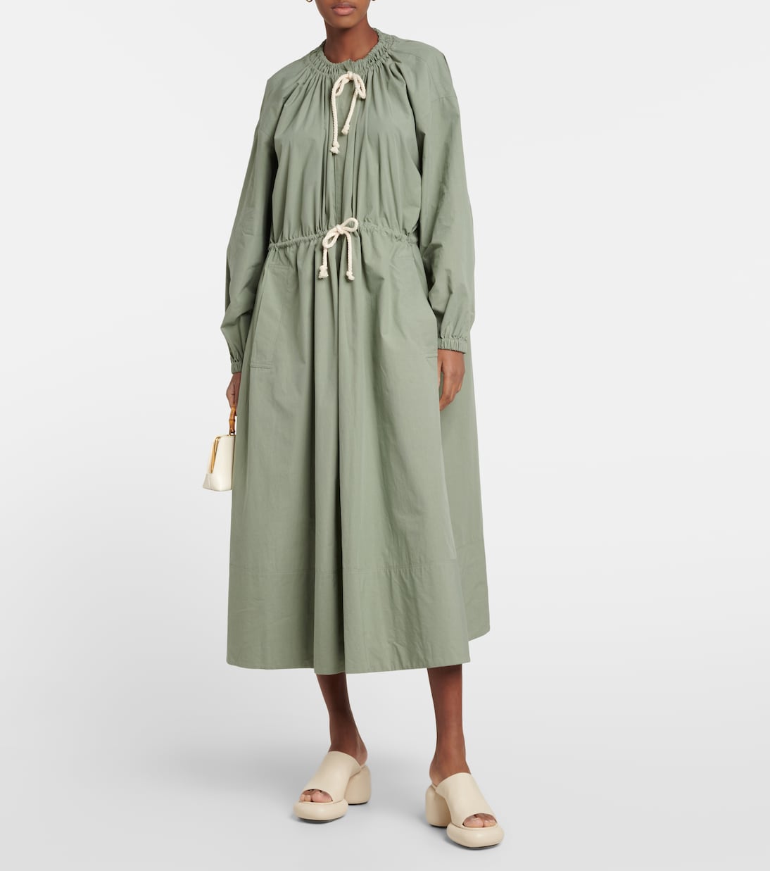 Платье миди из хлопкового поплина с завязками Jil Sander, Dark Sage — фото 2