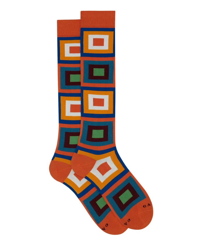 

Мужские длинные носки из оранжевого хлопка с концентрическим квадратным узором. Gallo, мультиколор