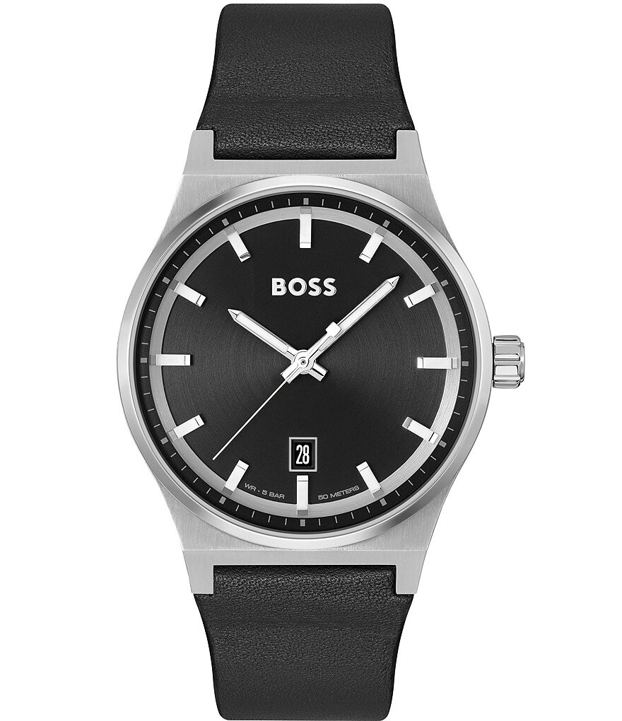 

Hugo Boss Мужские кварцевые аналоговые часы Candor с черным кожаным ремешком, черный