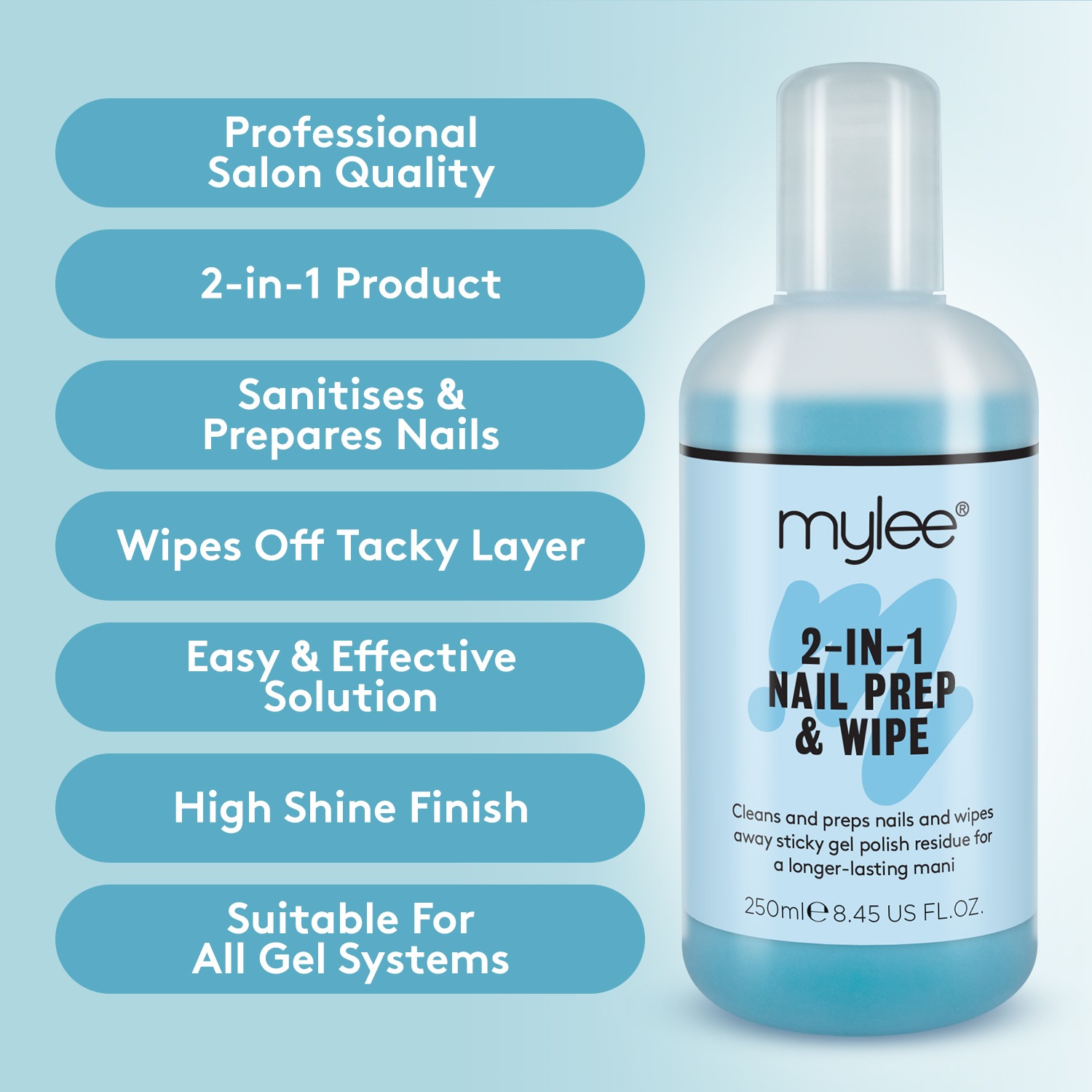 Жидкость для снятия лака prep & wipe und gel remover duo Mylee, объем 500 мл — фото 2