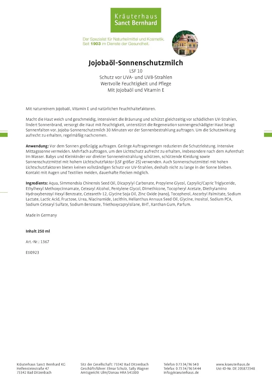Солнцезащитное молочко Jojoba SPF 10 от Sanct Bernhard Sanct Bernhard — фото 2