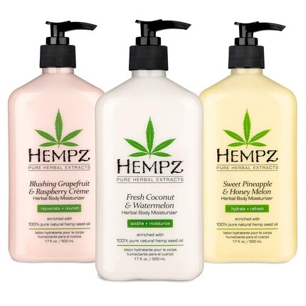 

Набор увлажняющих средств Hempz со сладким ананасом и медовой дыней, свежим кокосом и арбузом, а также увлажняющим кремом для тела на травах с грейпфрутом и малиной, 17 унций — упаковка из 3 шт.