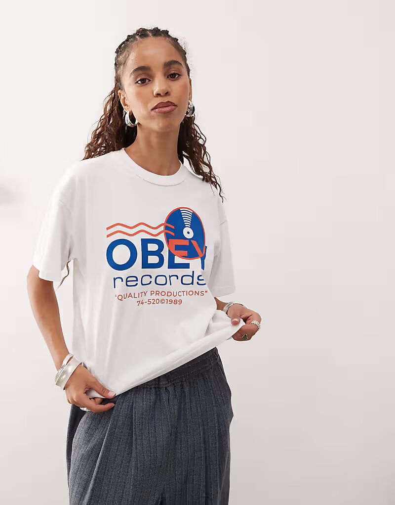 

Футболка с графическим логотипом Obey Records белого цвета