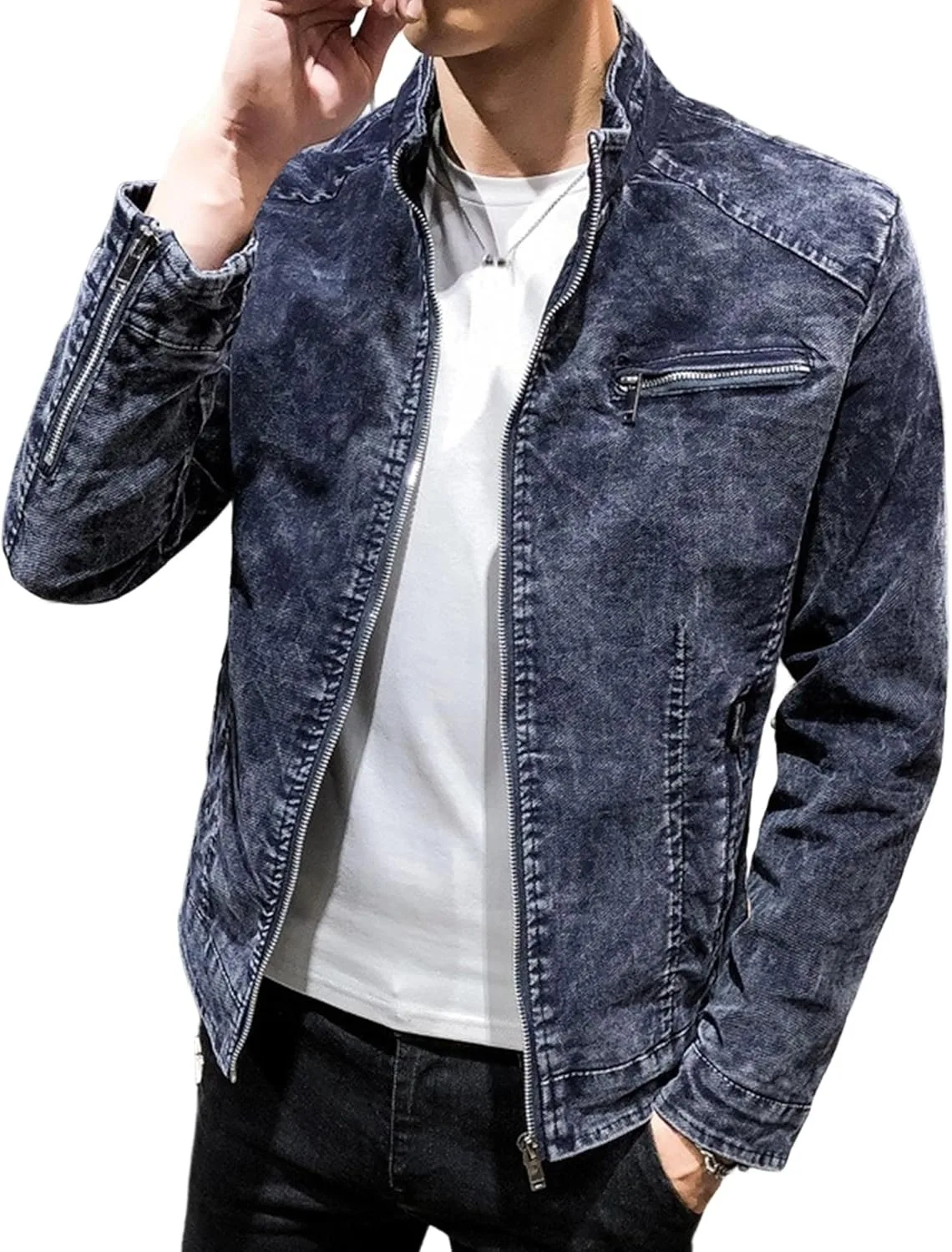 Джинсовая куртка для мужчин Slim Fit винтажная с воротником стойкой, рваная и потертая, денимовая куртка в стиле casual, куртка-тракер, верхняя одежда Generic, темно-синий