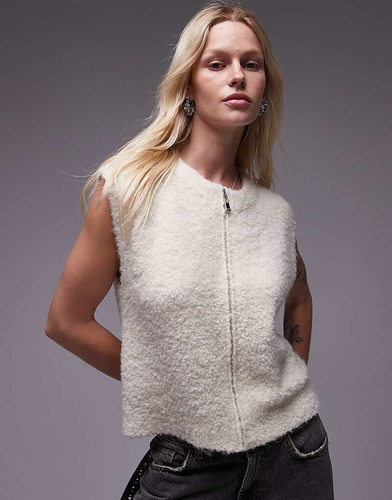 

Topshop – Майка на молнии с круглым вырезом цвета слоновой кости букле