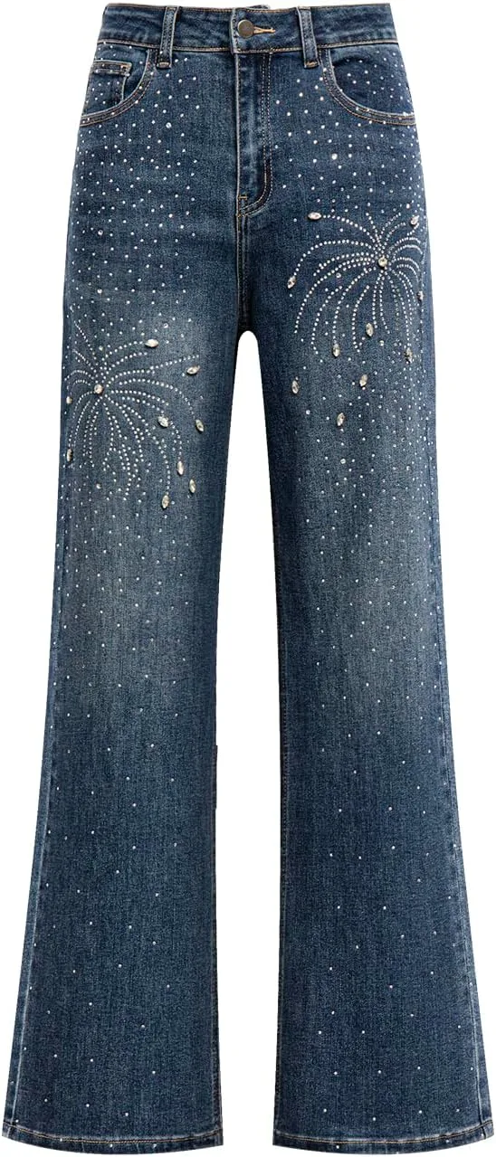 

Женские джинсы с высокой талией и широкими штанинами Dark Wash с пайетками в виде фейерверков