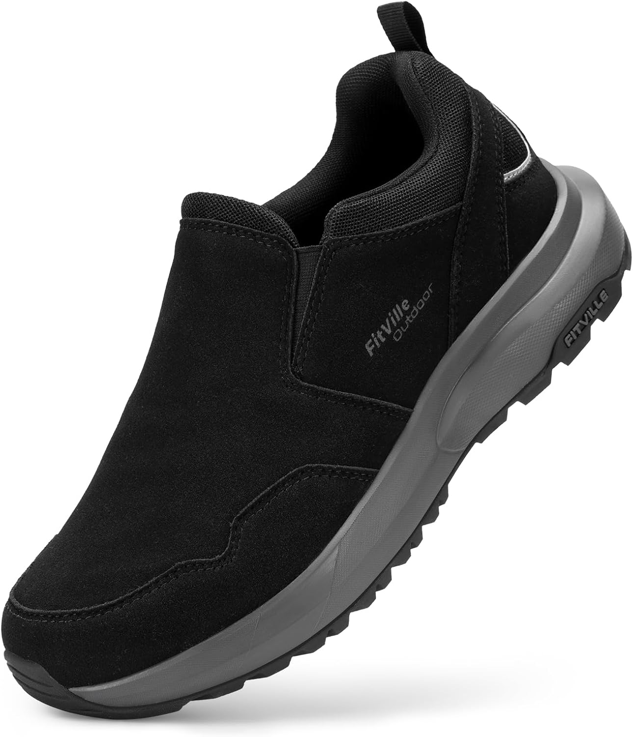 

Мужские широкие слипоны FitVille для мужчин, обувь для походов, прогулочная обувь, лоферы, кроссовки для треккинга с поддержкой свода стопы, черный