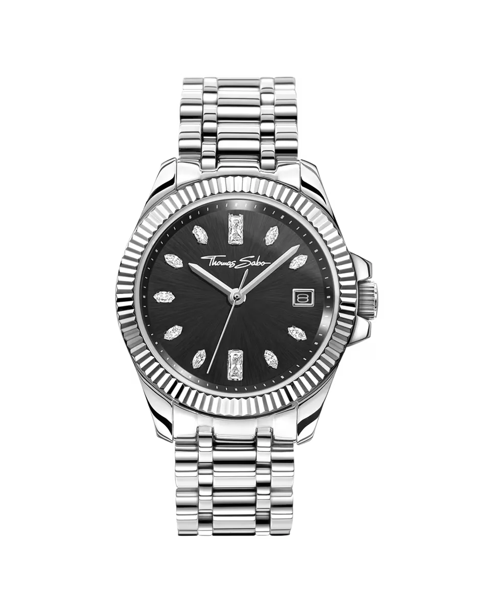 

Женские часы Divine Silver с черным циферблатом и белыми серебряными камнями Thomas Sabo