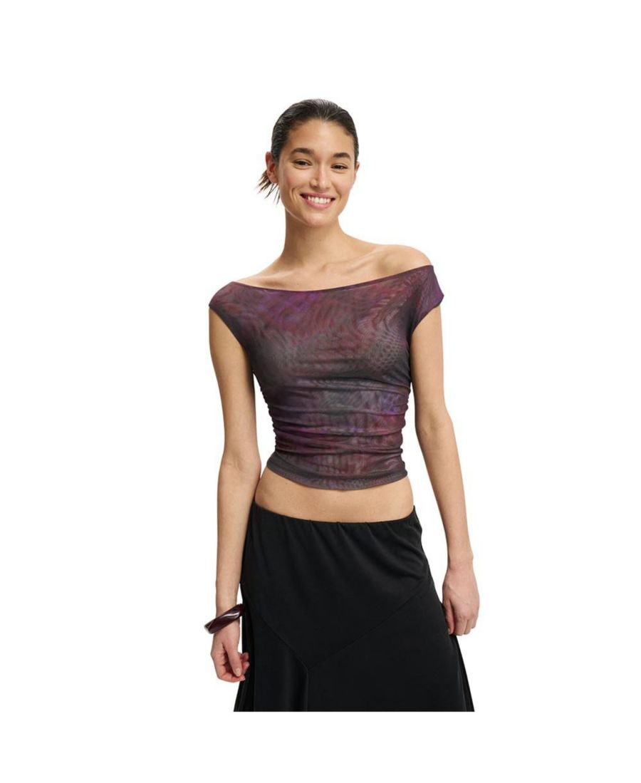 

Женский топ с присборенной сетчатой вставкой и открытыми плечами COTTON ON, Mira berry blurred