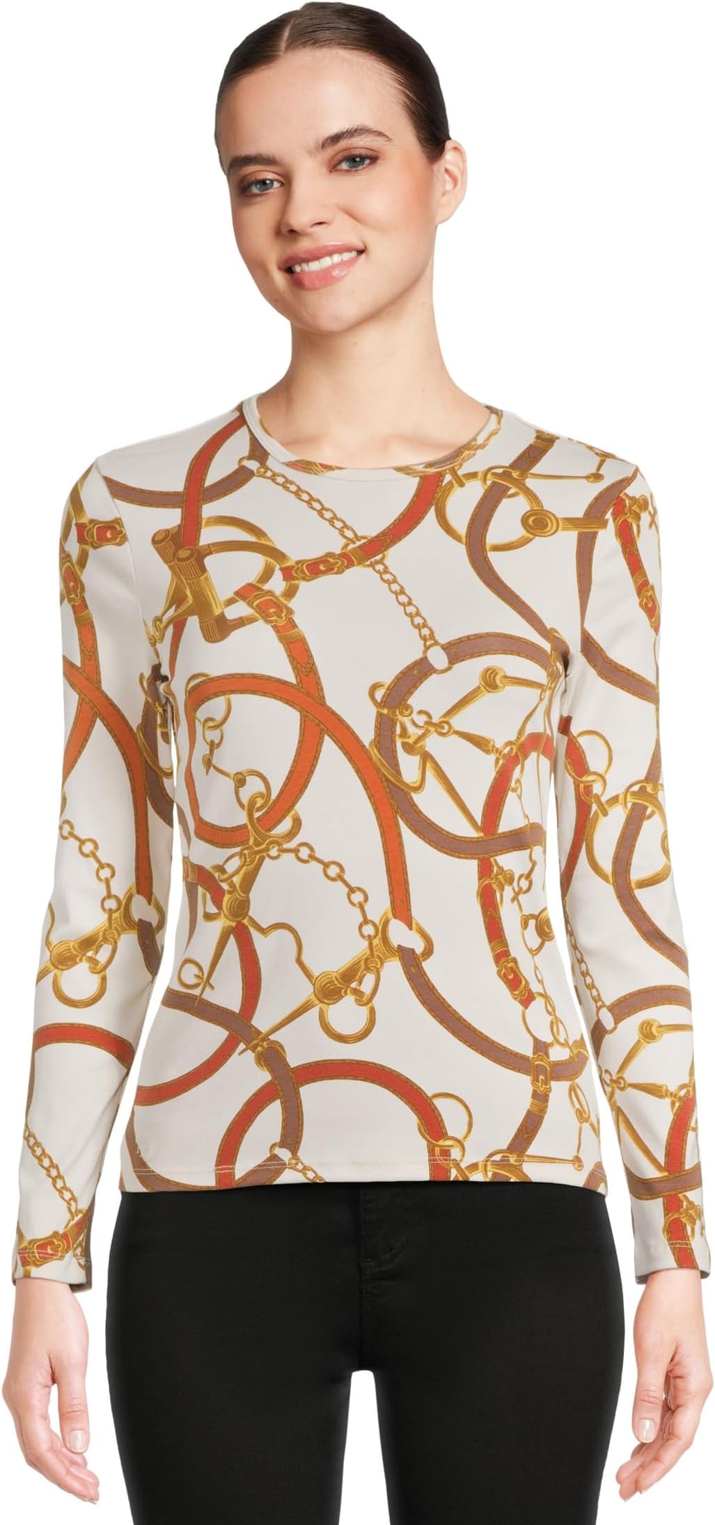 

Футболка Lauren Ralph Lauren Petite Belting-Print Cotton Long-Sleeve Tee, цвет Cream Multi