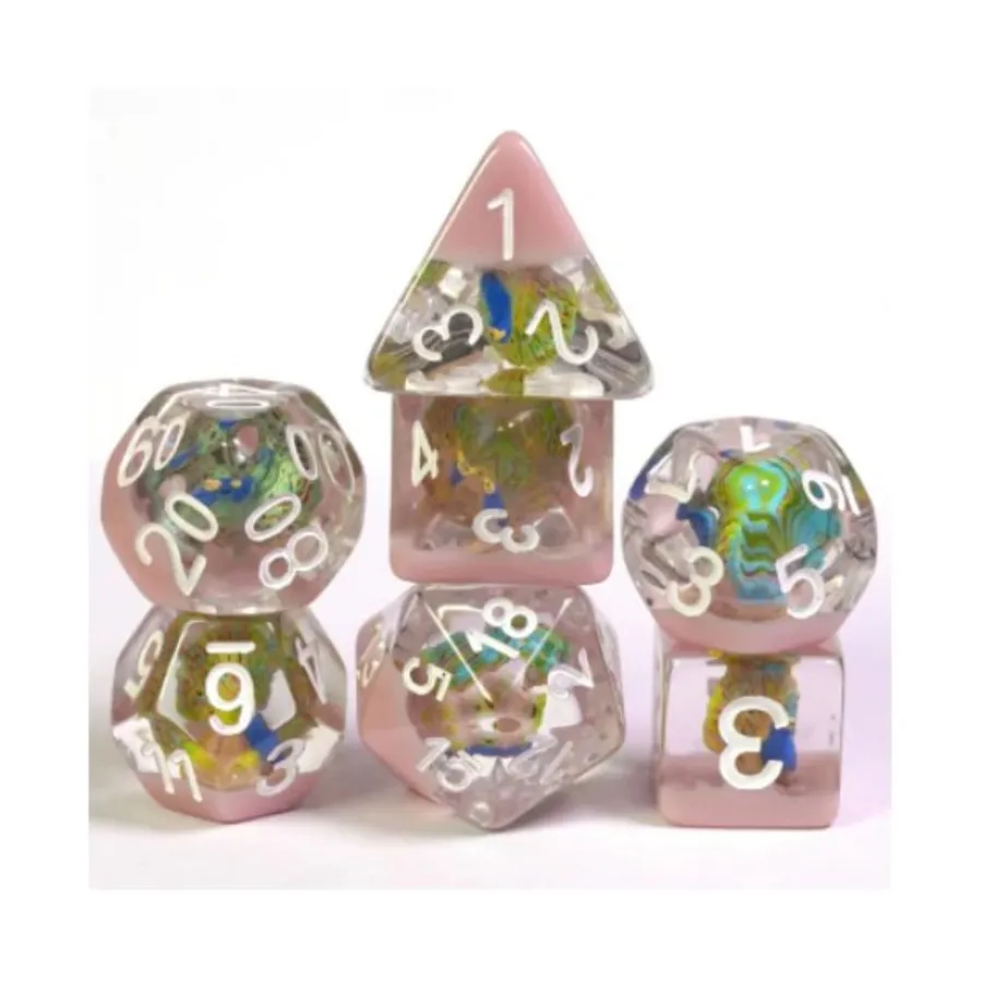 

Комплект Poly — Павлин с белым (7), Dice Sets - Resin/Acrylic - Red, Orange, Yellow, & Pink (Foam Brain Games)