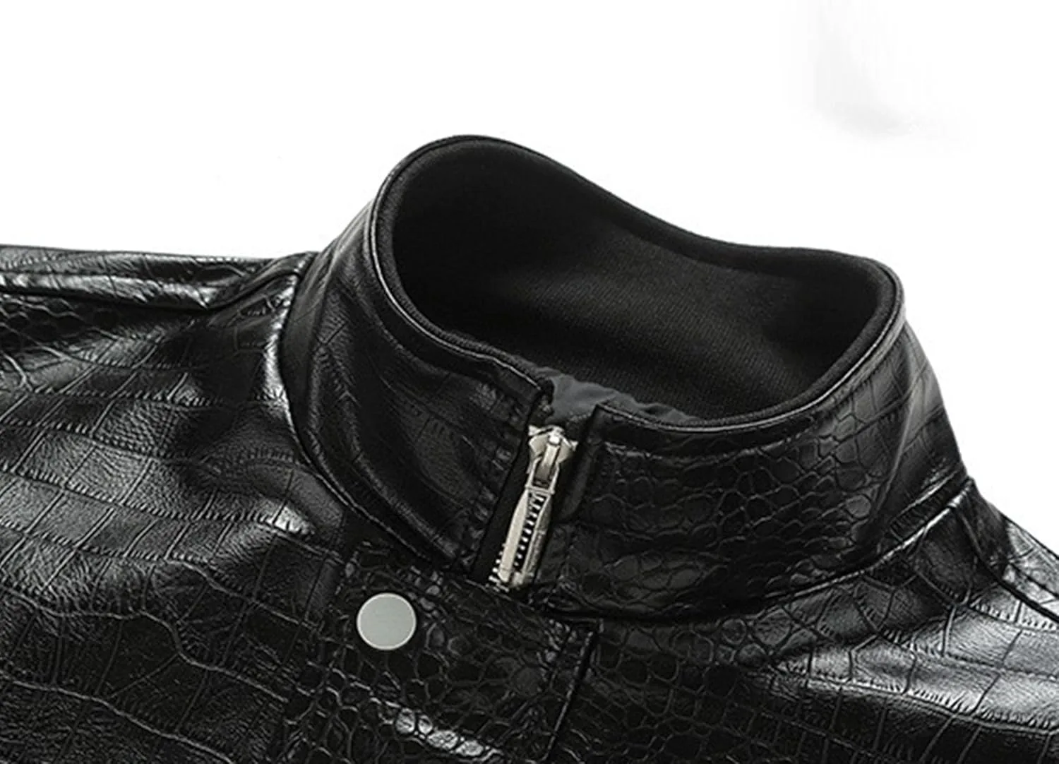 Кожаная куртка мужская Croco Printed, мотоциклетная, на кнопках, воротник стойка, молния, PU Generic, черный — фото 3