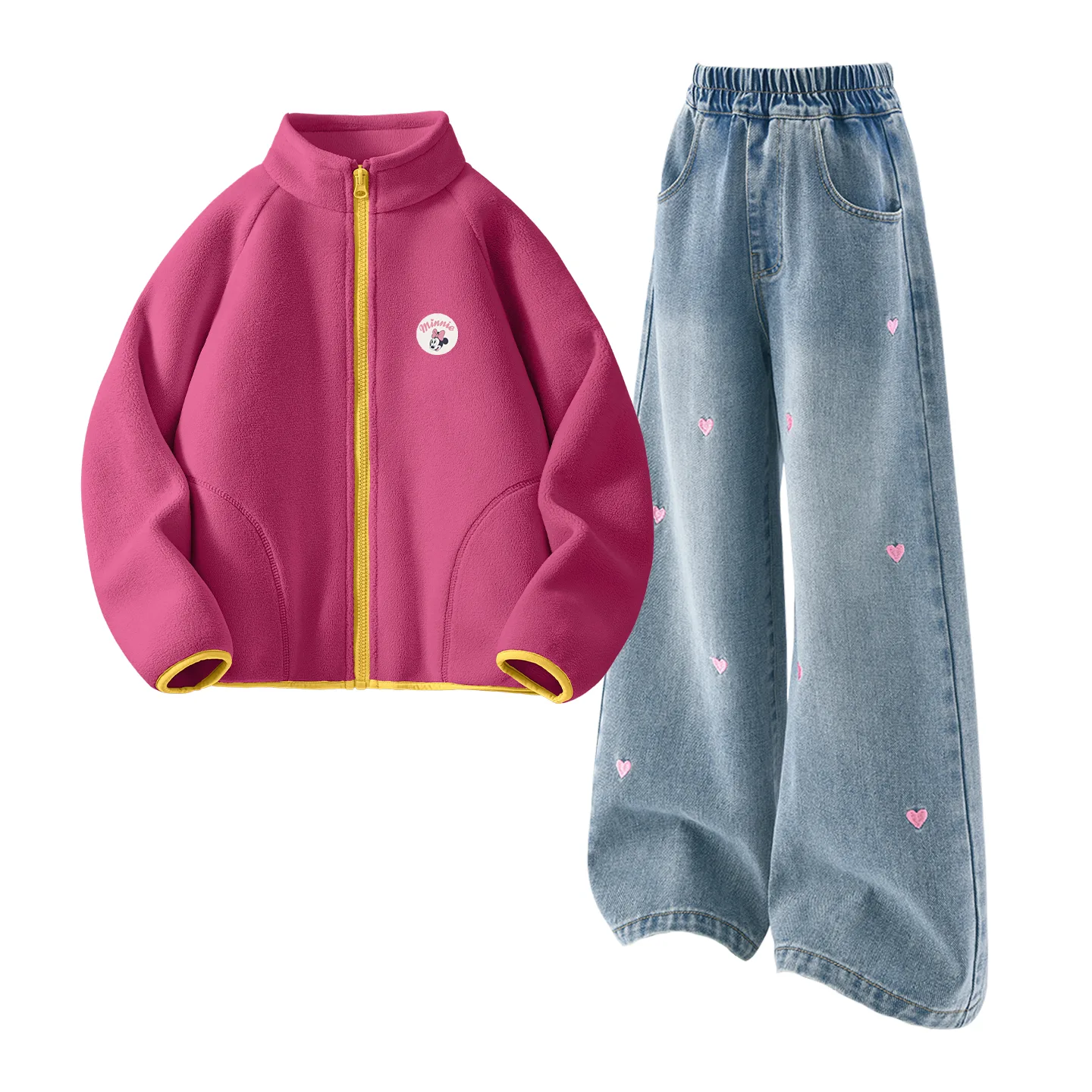 Детская повседневная спортивная одежда с лацканом Disney, Dini Zhong Round Hook-and-Loop K Rose Red+Solid Color Sea Salt Blue