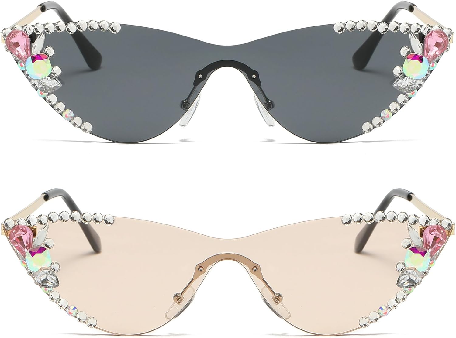 

Винтажные солнцезащитные очки без оправы со стразами для женщин, модные очки с градиентными линзами в форме «кошачьего глаза», блестящие бриллиантовые очки для женщин mincl, 2pcs-black&champagne