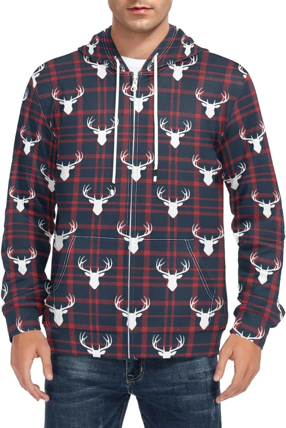 

Мужская толстовка с оленями и клеткой, на молнии, с карманом CUPADA