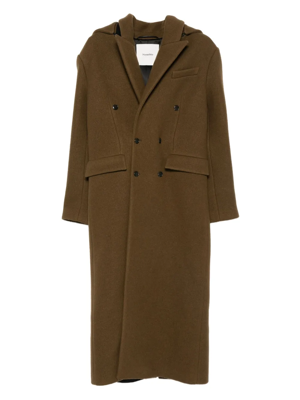 

Двубортное пальто со съемным капюшоном Nanushka, коричневый