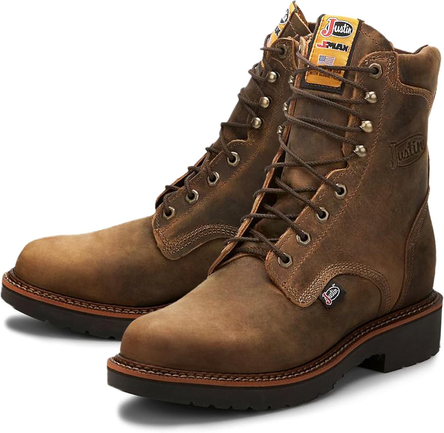 

Ботинки для мужчин Justin Blueprint 8 - круглый носок, верх из цельнозерновой кожи с шнуровкой, подошва из резины, устойчивая к маслу и скольжению, Tan Gaucho