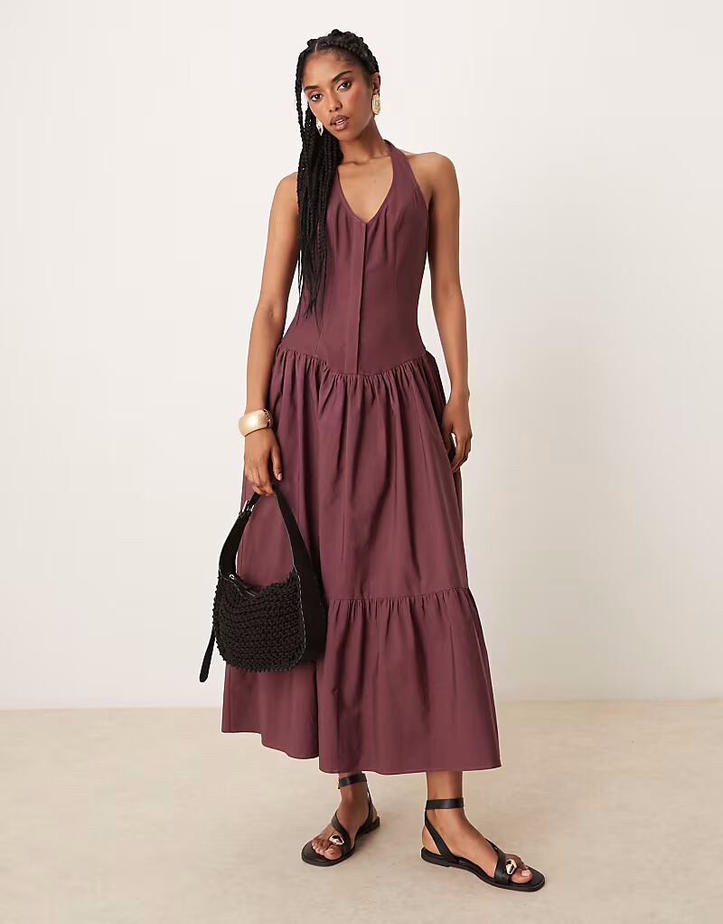 

Платье макси из гибридного льна и поплина ASOS DESIGN с бретелью через шею в насыщенном виноградном цвете