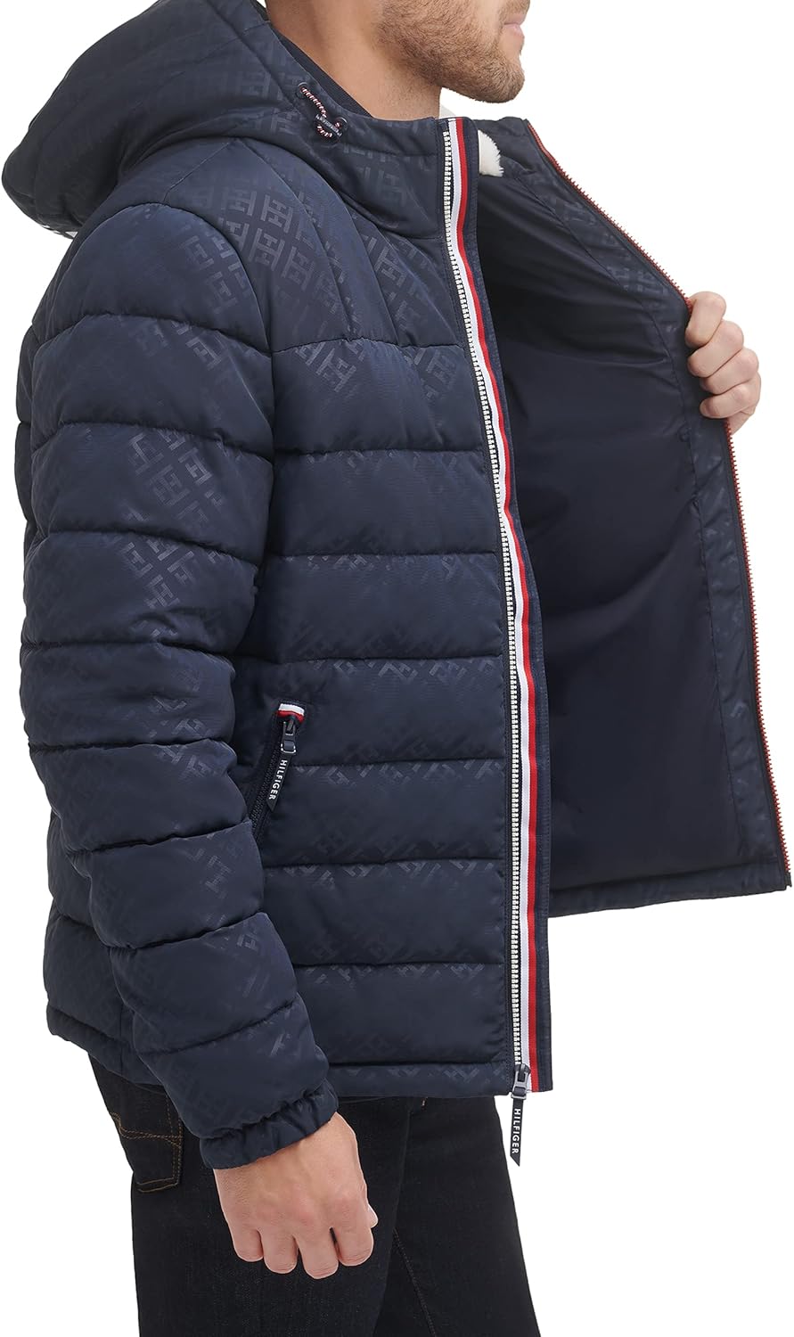 Мужская куртка Tommy Hilfiger средней толщины с подкладкой из шерпы и капюшоном, водонепроницаемая, Tommy Logo Tech Navy — фото 4