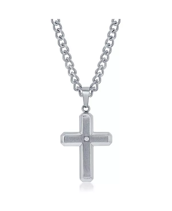 

Ожерелье из нержавеющей стали, шлифованной и полированной, с одним фианитовым крестом Metallo, silver
