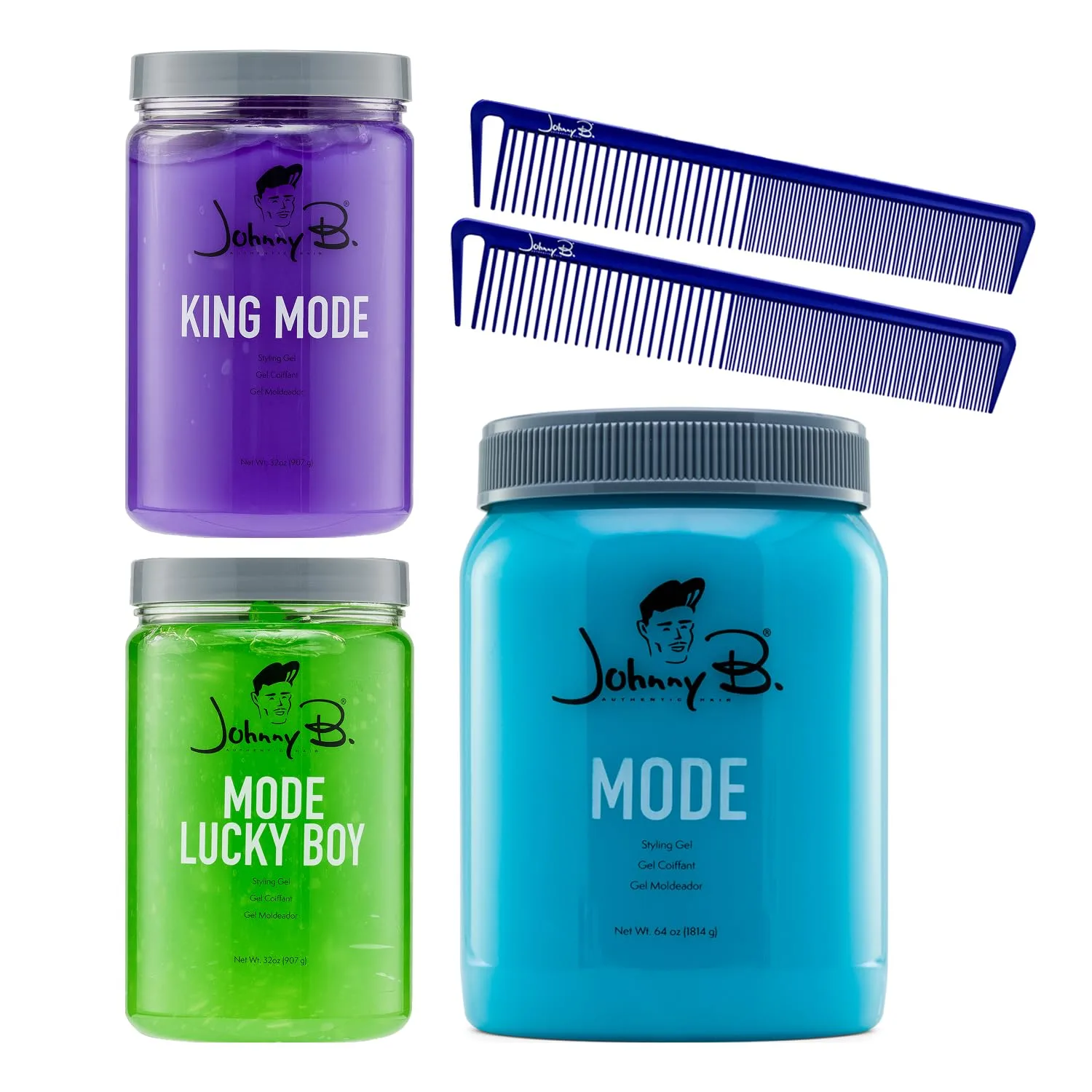 JOHNNY B. Professional Grooming Set - гель для волос Mode 64 oz, Lucky Boy 32 oz и King Mode 32 oz + Carbon Texturizing Combs (2 шт) - набор для укладки