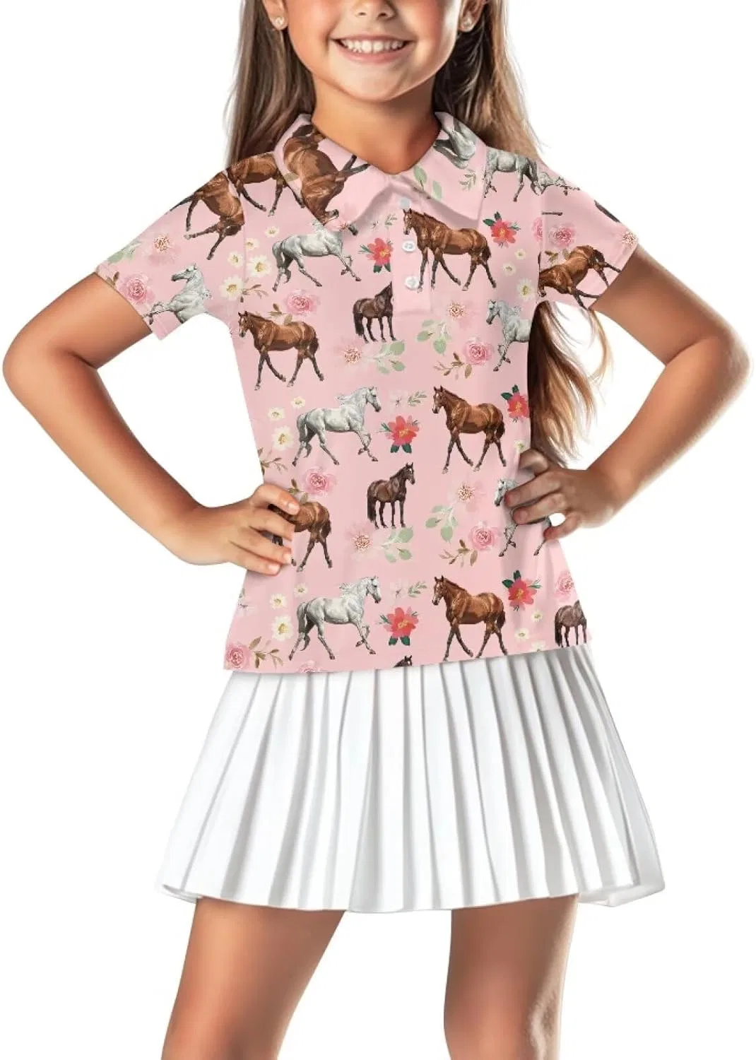 Поло для девочек с V-образным вырезом и воротником, Snilety, Pink Floral Horse
