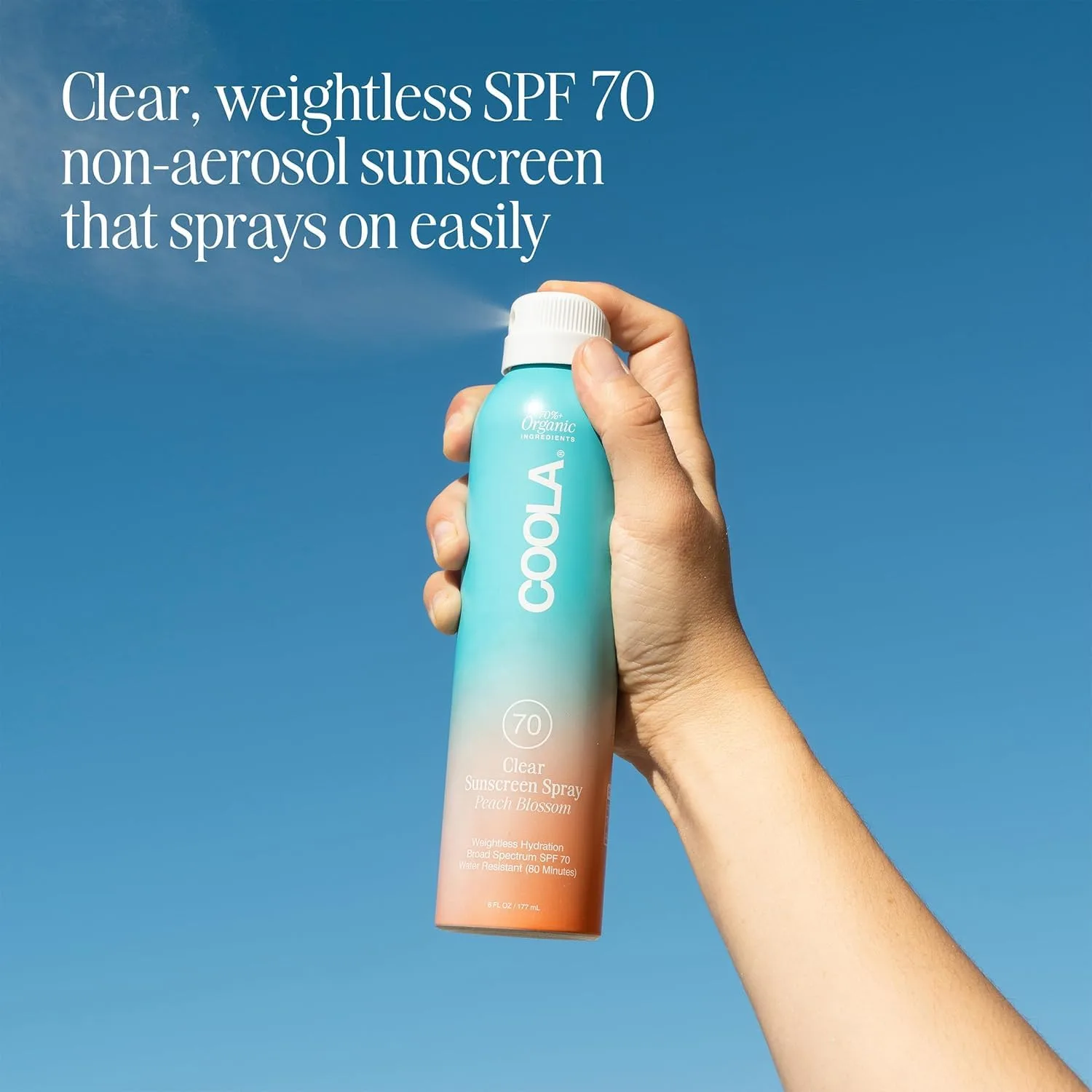Солнцезащитный спрей COOLA Organic Sunscreen SPF 70, протестирован дерматологами, обеспечивает ежедневную защиту кожи, подходит для веганов и не содержит глютена, аромат персикового цветка. 177 мл (1 шт.) — фото 2
