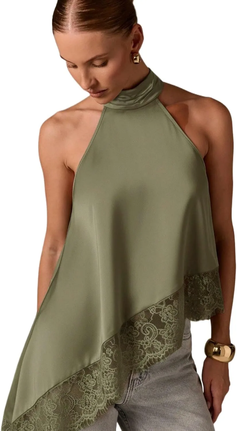 

Асимметричный топ на шее с кружевной отделкой, без рукавов