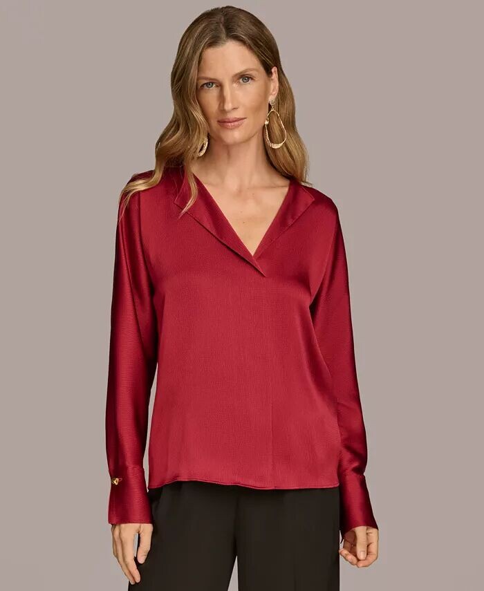 

Женская атласная блузка с длинным рукавом и V-образным вырезом Donna Karan New York, золотой