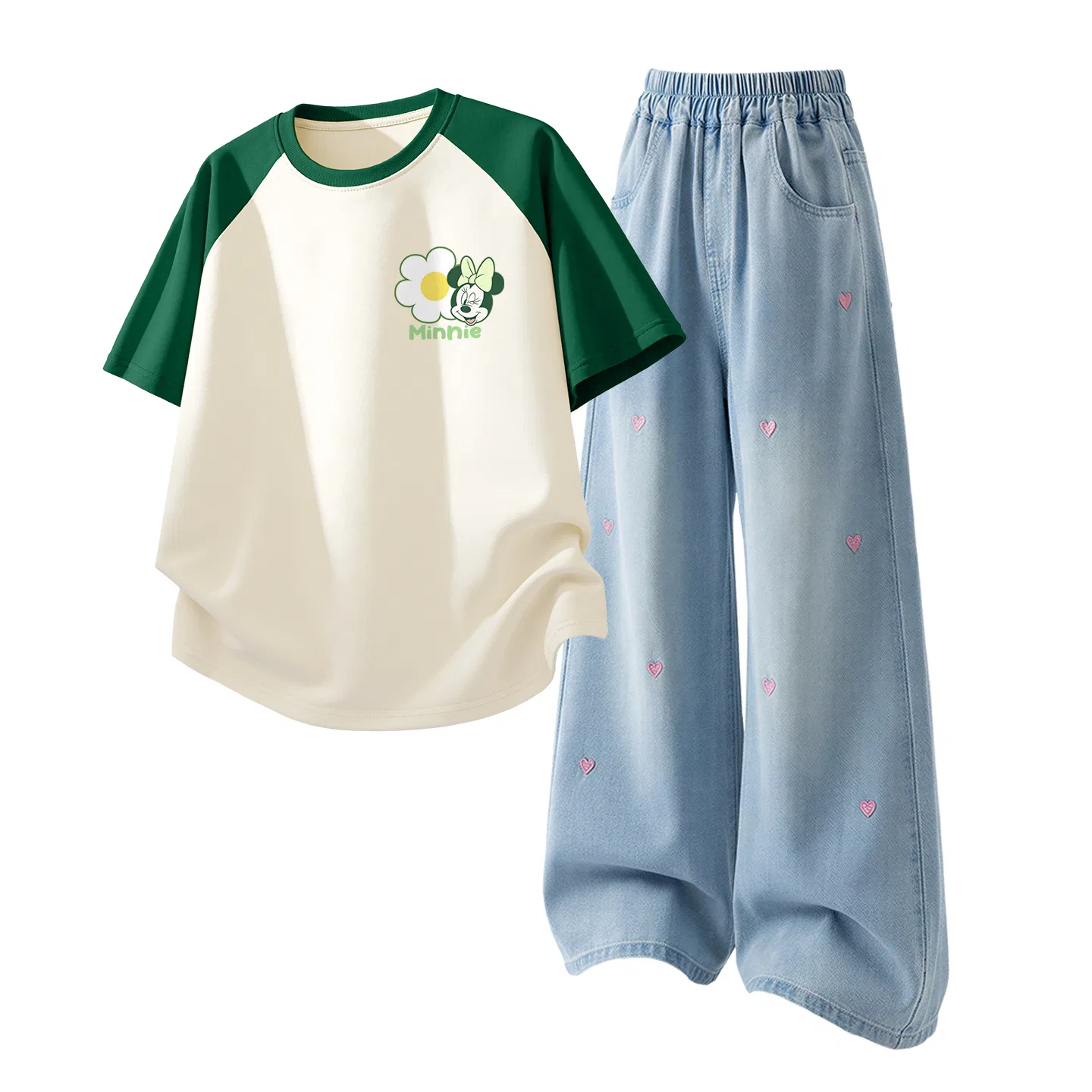 Детская повседневная спортивная футболка с круглым вырезом Disney, Di Floral K Green White+Solid Color Denim Light Blue