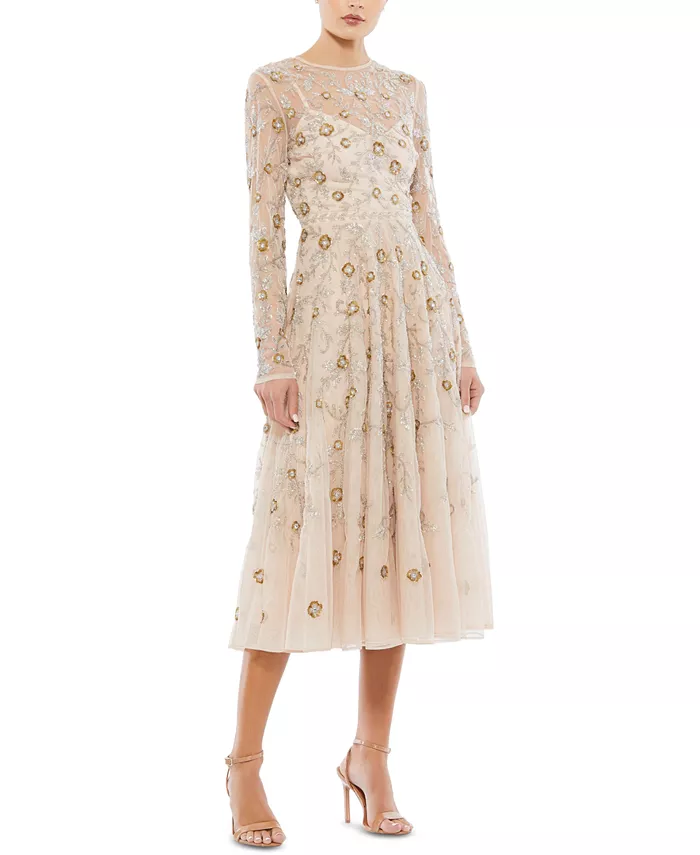 

Женское платье с бисером, иллюзией, высоким воротом и длинными рукавами, силуэт А-силуэт, миди Mac Duggal, зеленый