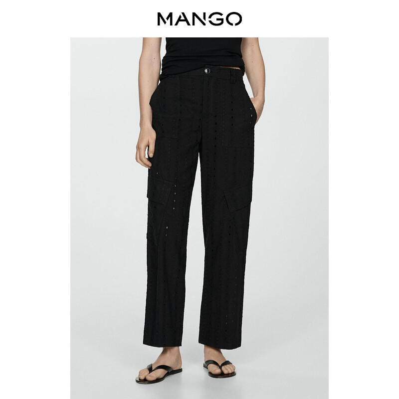 

Женские брюки Mango с вышивкой из чистого хлопка, черный