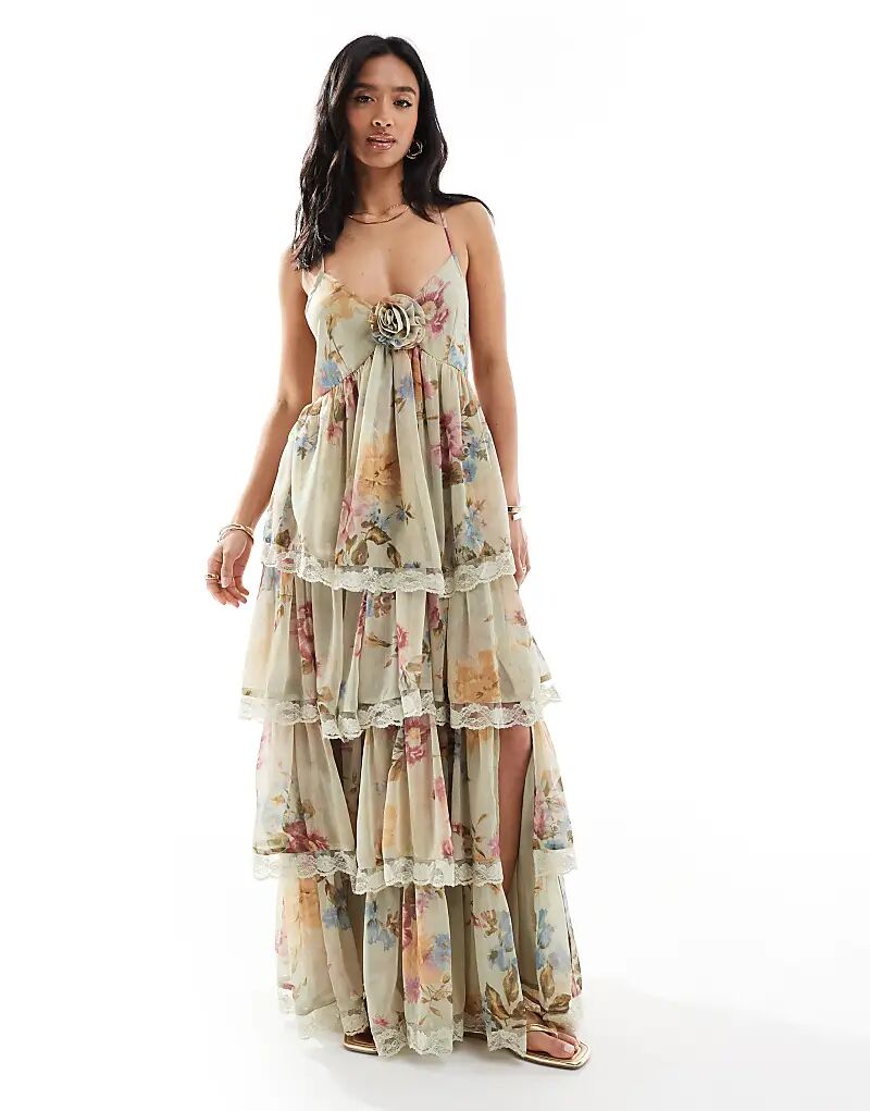 

Платье макси Miss Selfridge Petite Race Day из шифона с многоярусным принтом зеленого цвета