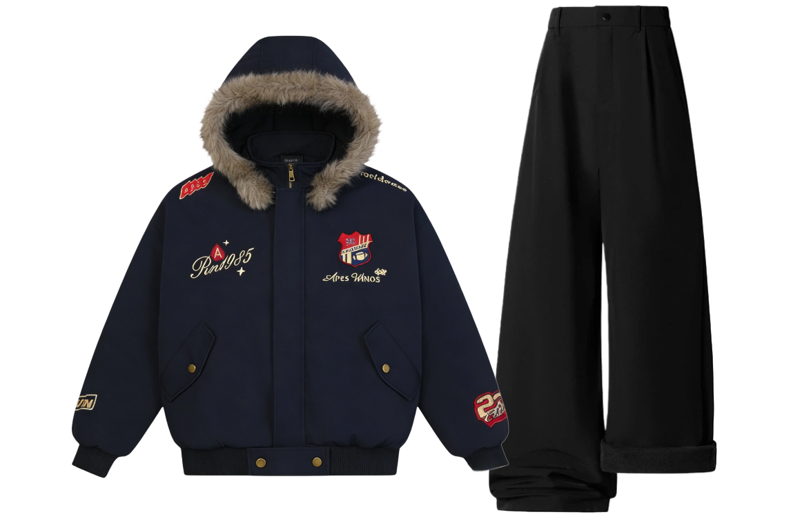 

Толстовка Casual Sportswear утепленная с флисовой подкладкой X1617, темно-синий puffer jacket+черный fleece-lined pants