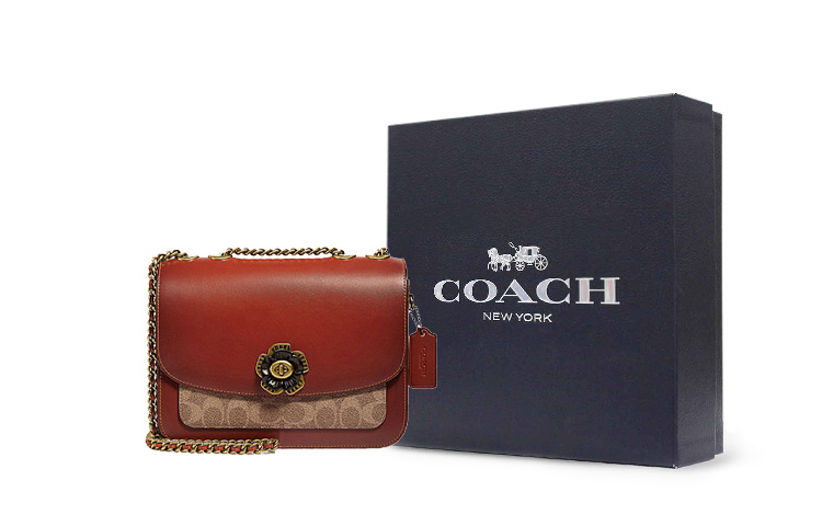 

COACH Мадисон Кожаная цепочка маленькая квадратная сумка через плечо на плечо женская коричневая желтая и ржаво красная