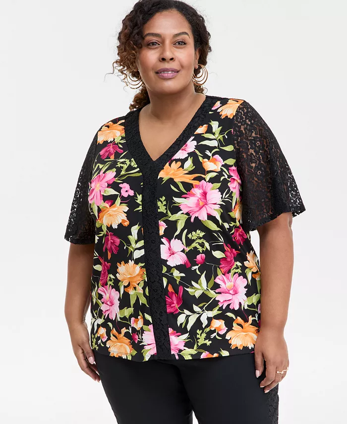 

Топ с принтом и кружевной отделкой больших размеров JM Collection, черный