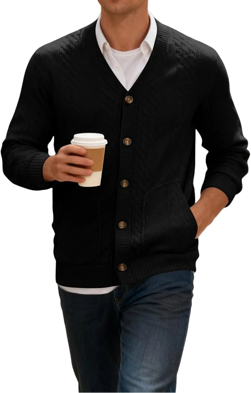 

Мужской кардиган с V-образным вырезом, кабельной вязкой и карманами FQZWONG