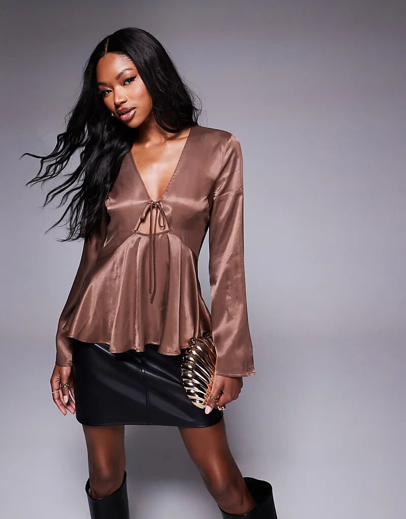 

Атласный топ с завязками спереди коричневого цвета ASOS DESIGN