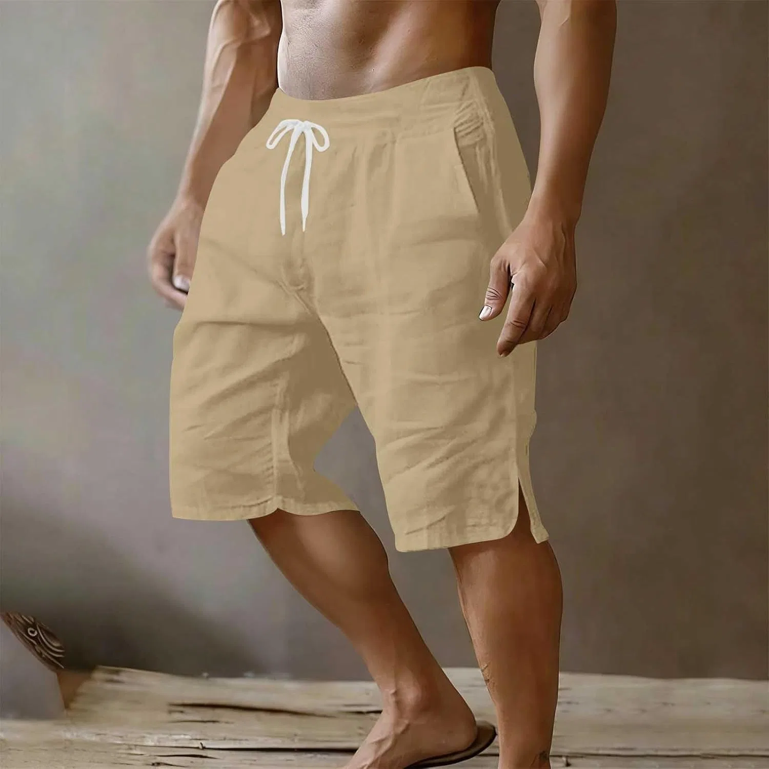 Шорты из хлопка и льна Generic, цвет Khaki — фото 2