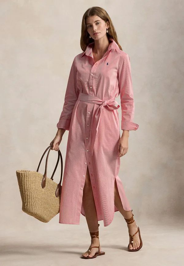 Платье-Рубашка из хлопка в полоску с поясом Polo Ralph Lauren, Red/White — фото 2