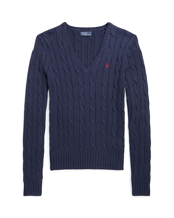 Женский вязаный хлопковый свитер с V-образным вырезом Ralph Lauren, синий — фото 4