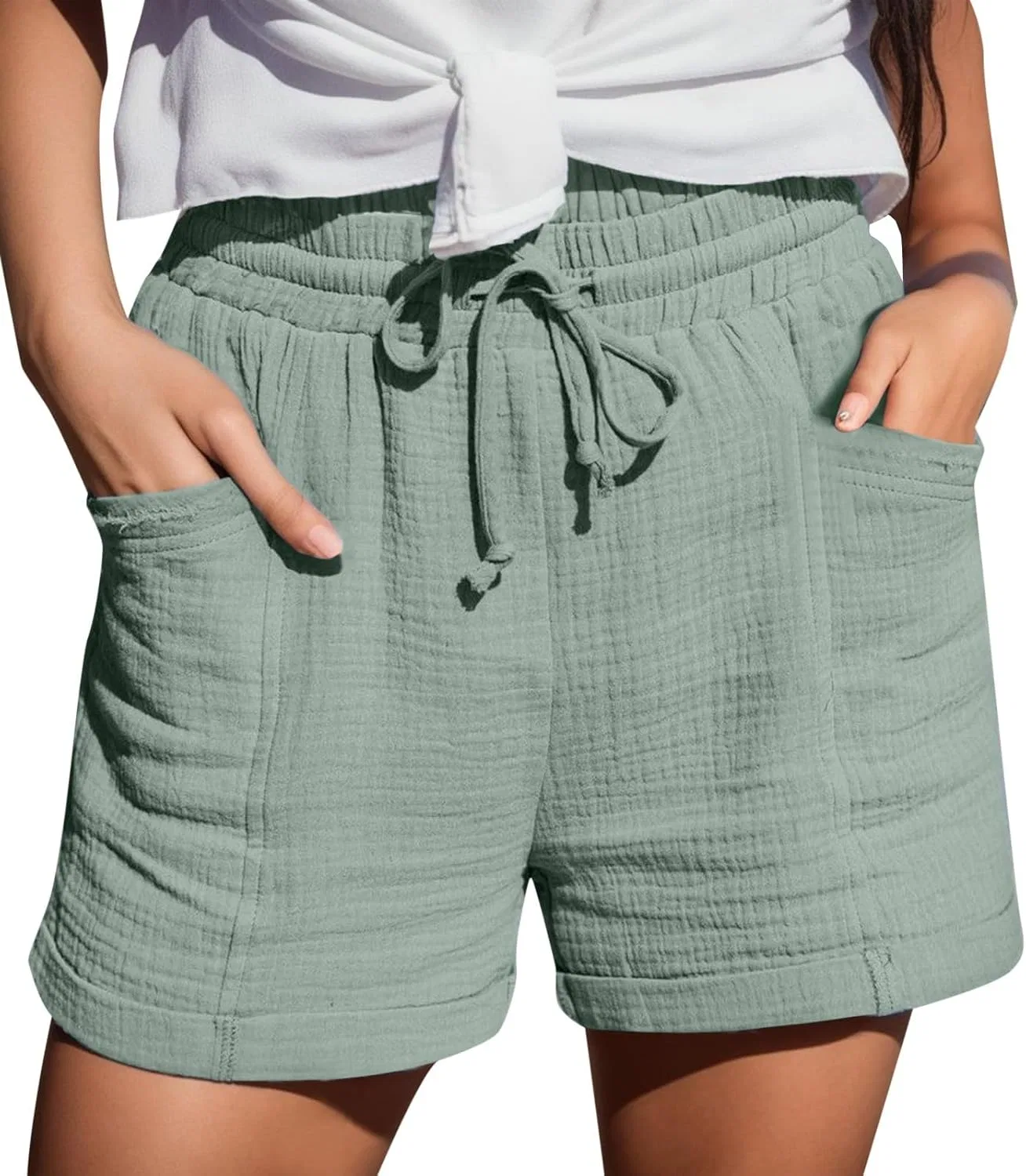 Шорты для активного отдыха, широкие, на поясе, Cotton-Linen Blend, Green