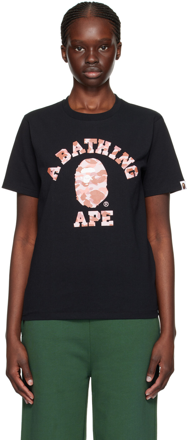 

Черная футболка колледжа с камуфляжным принтом 1st Bape, цвет Black/Pink