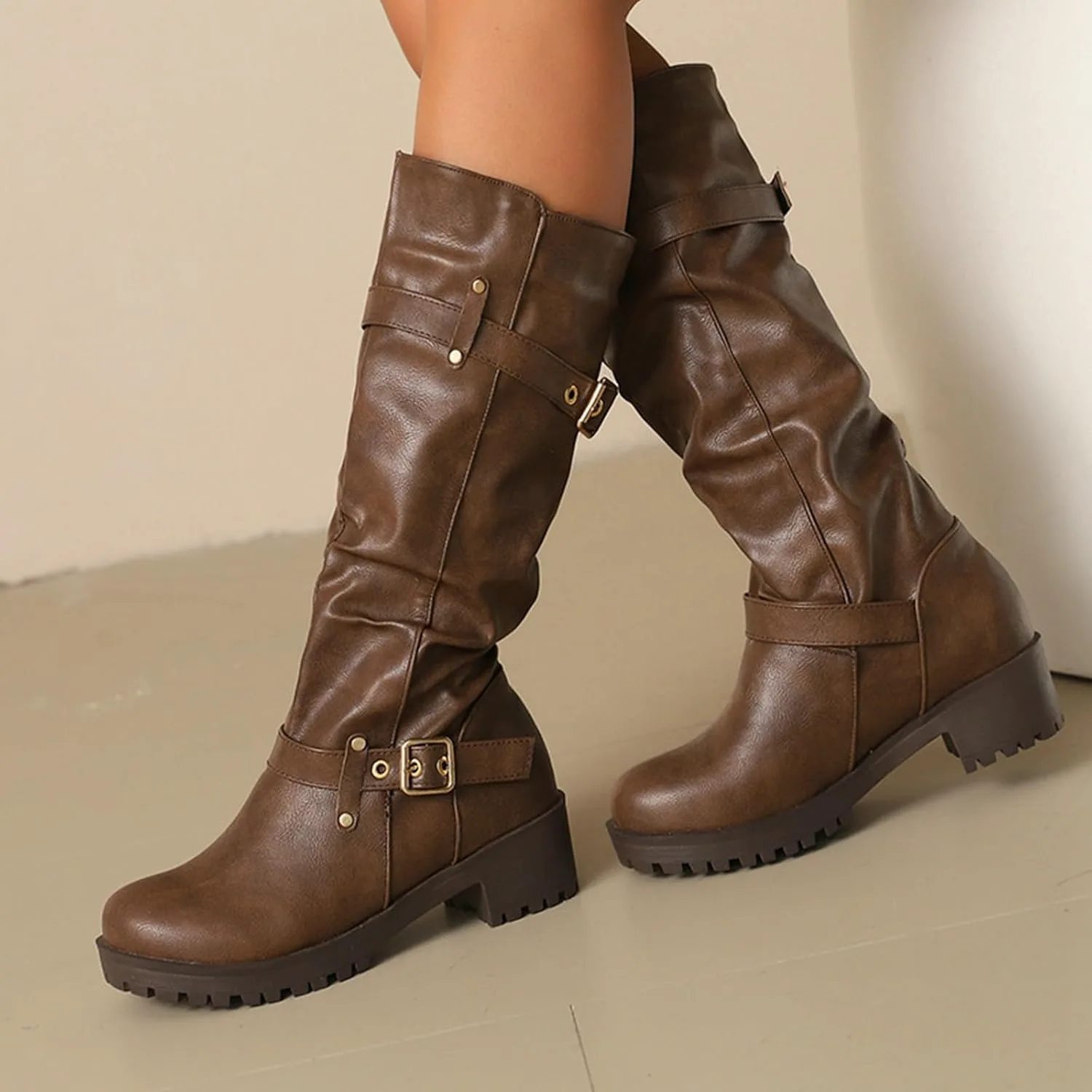 Женские высокие ботинки до колена для платья, мотоциклетные сапоги для езды, зимние с меховой подкладкой, на платформе, с округлым носком, на пряжке, высокие сапоги Generic, желтый — фото 3