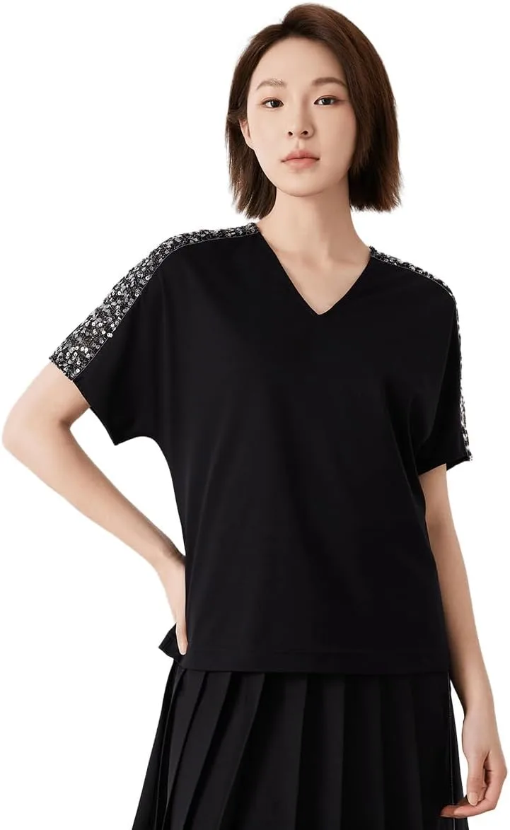 

Женская футболка V-образным вырезом с коротким рукавом и пайетками на плечах, K3197X Serathinan