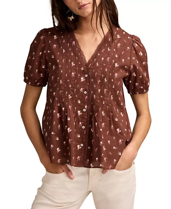 

Женская хлопковая блузка с коротким рукавом и защипами Lucky Brand, коричневый
