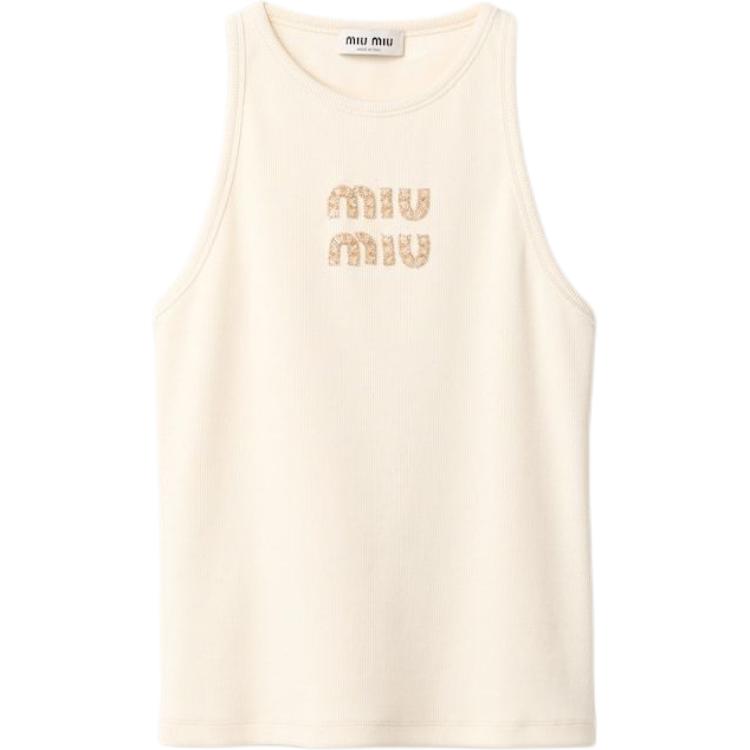 Топ без рукавов с ребристой текстурой и логотипом MIU MIU, natural — фото 3