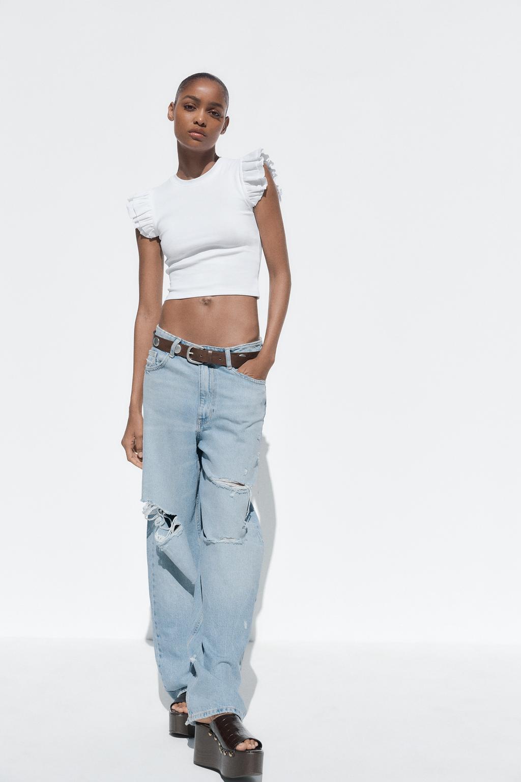 

Футболка в рубчик с оборками ZARA, белый