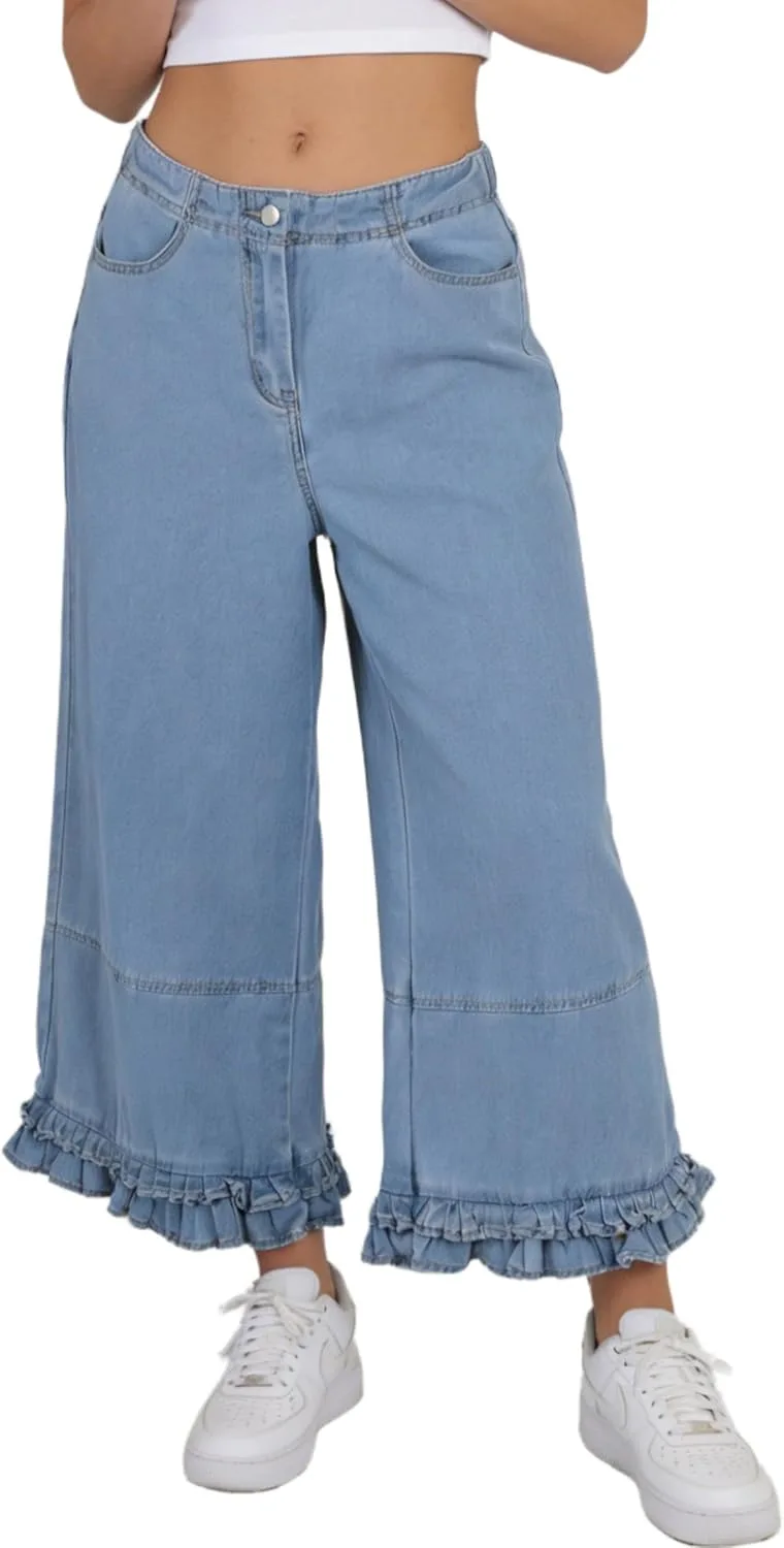 

Dqbeng женские джинсы с рюшами по низу, широкие, укороченные, с карманами