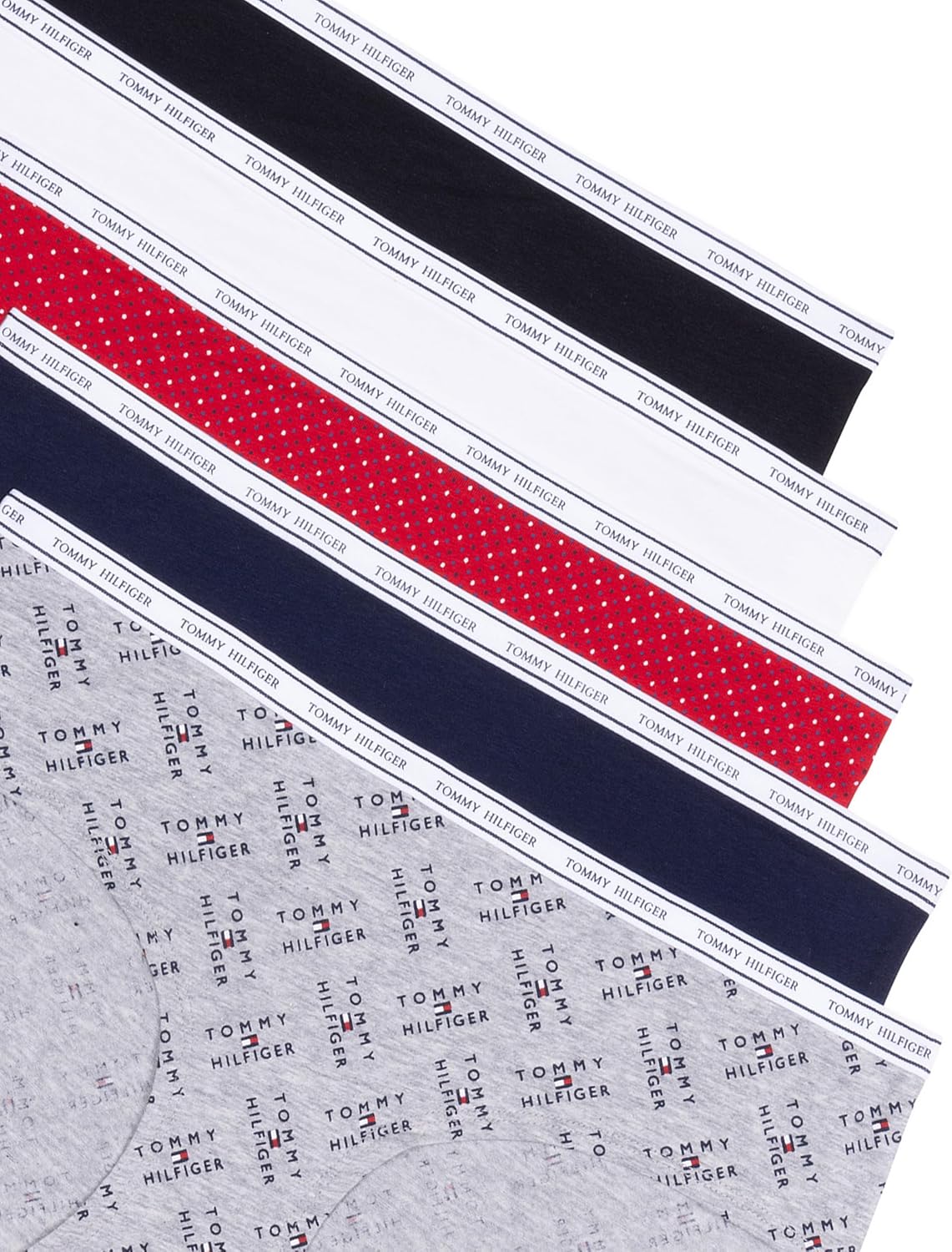 Женские классические хлопковые трусы-хипстеры Tommy Hilfiger с логотипом на поясе, упаковка 5 пар, Th Flag Stack Heather Grey/Navy Blazer/Super Mini Dots Apple Red/Bright White/Black — фото 2